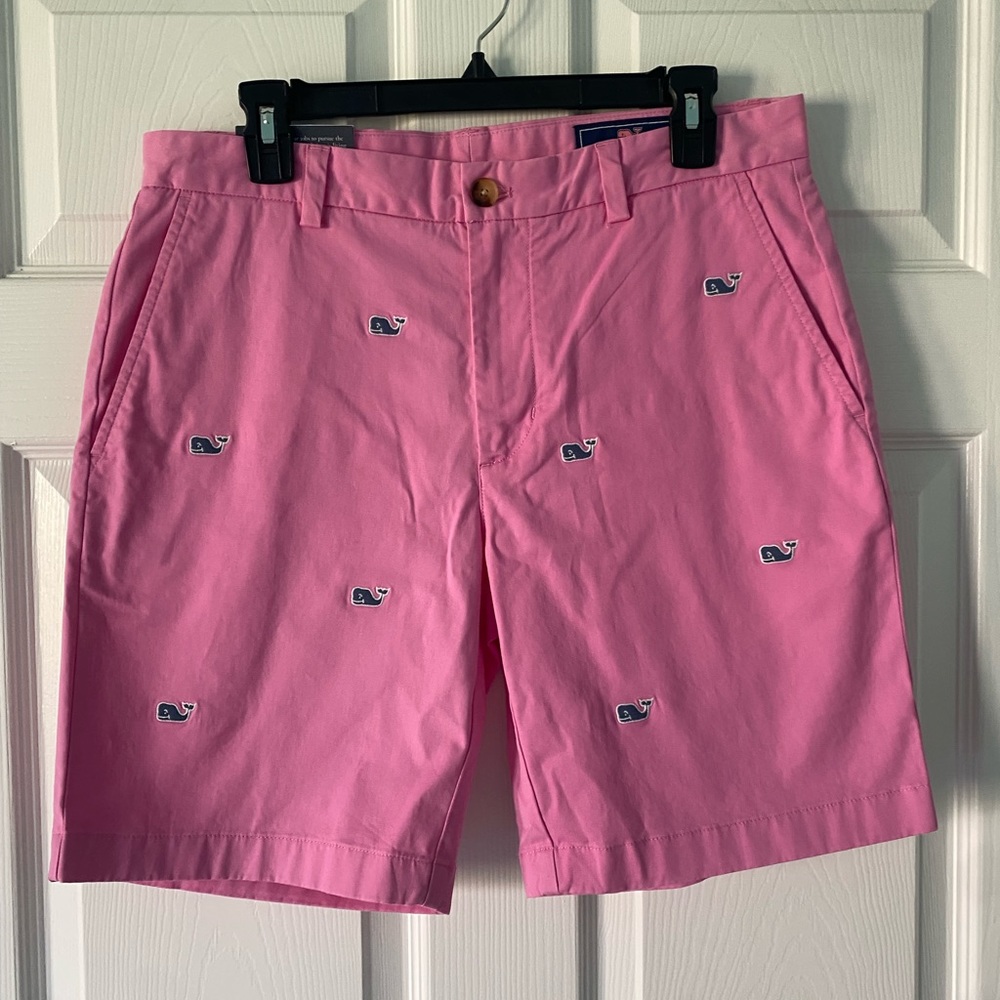 mens pink vineyard vines shorts with navy blue whales
